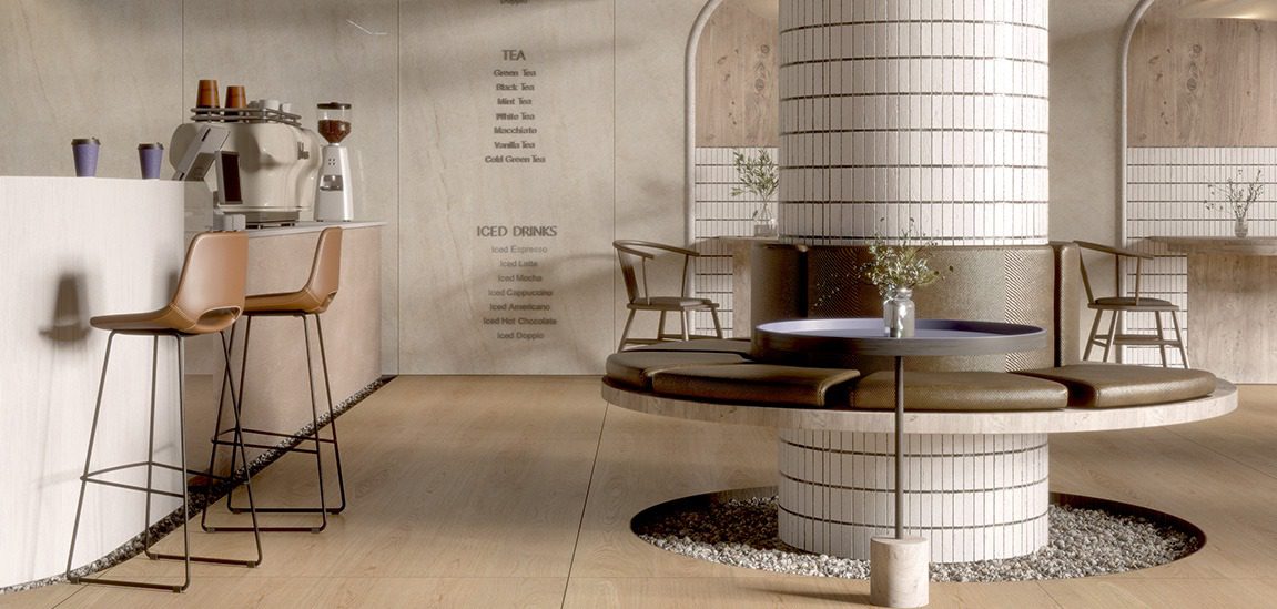 Aximer Porcelain Stoneware, Wood-Look Porcelain Slab, The Style Base, Coffee Shop Floor, UAE