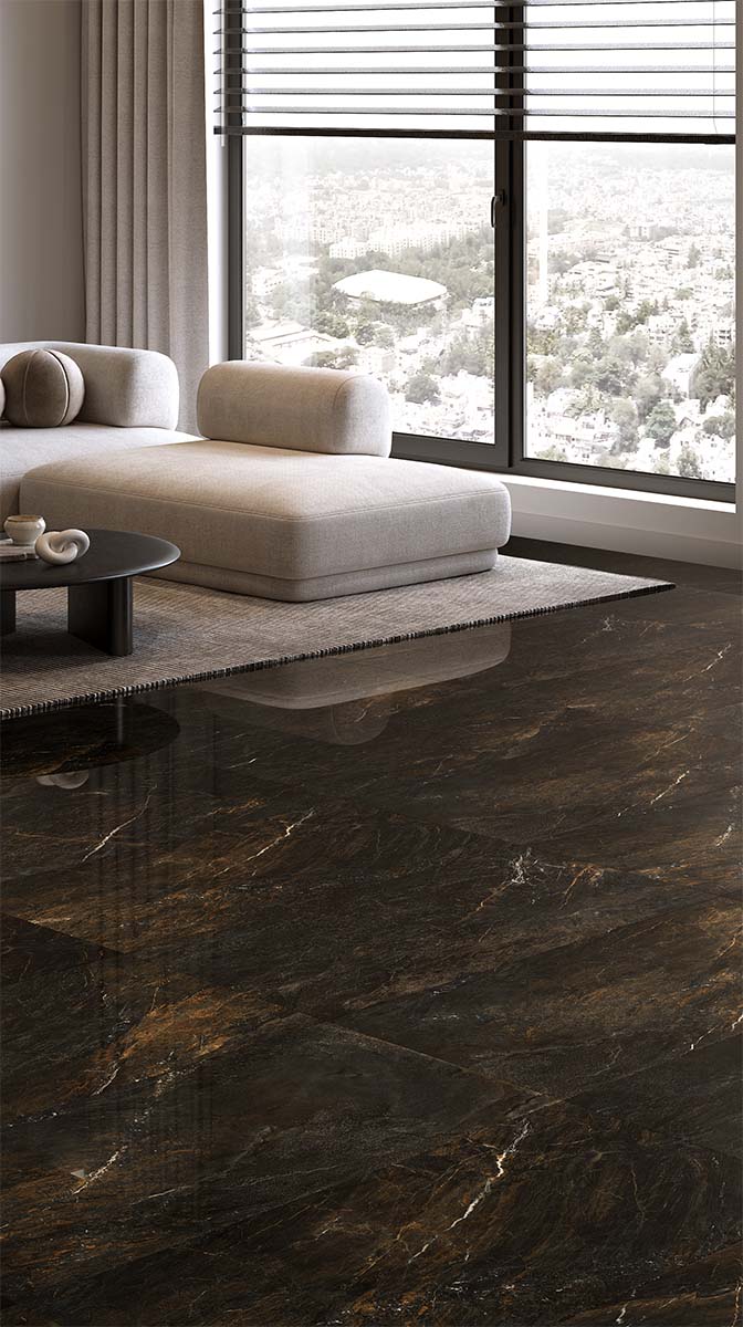 Porcelain Tile, Marble Effect, Polished Surface, Black Color, VOLCANO, Living Room Floor, Aximer Stoneware Dubai UAE