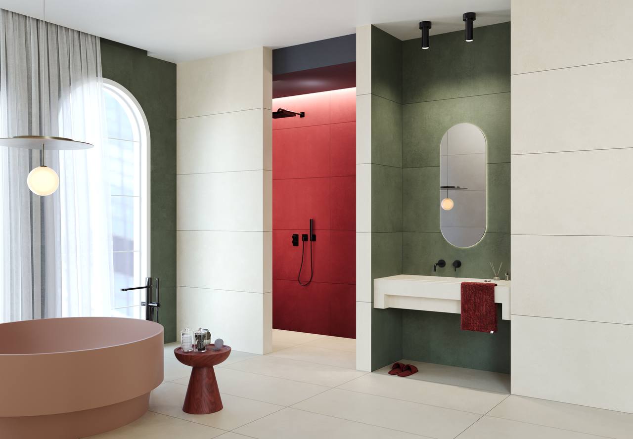 Porcelain Tile, Matte, Bathroom, Natural Concrete Green & Red, Aximer Stoneware, Dubai, UAE