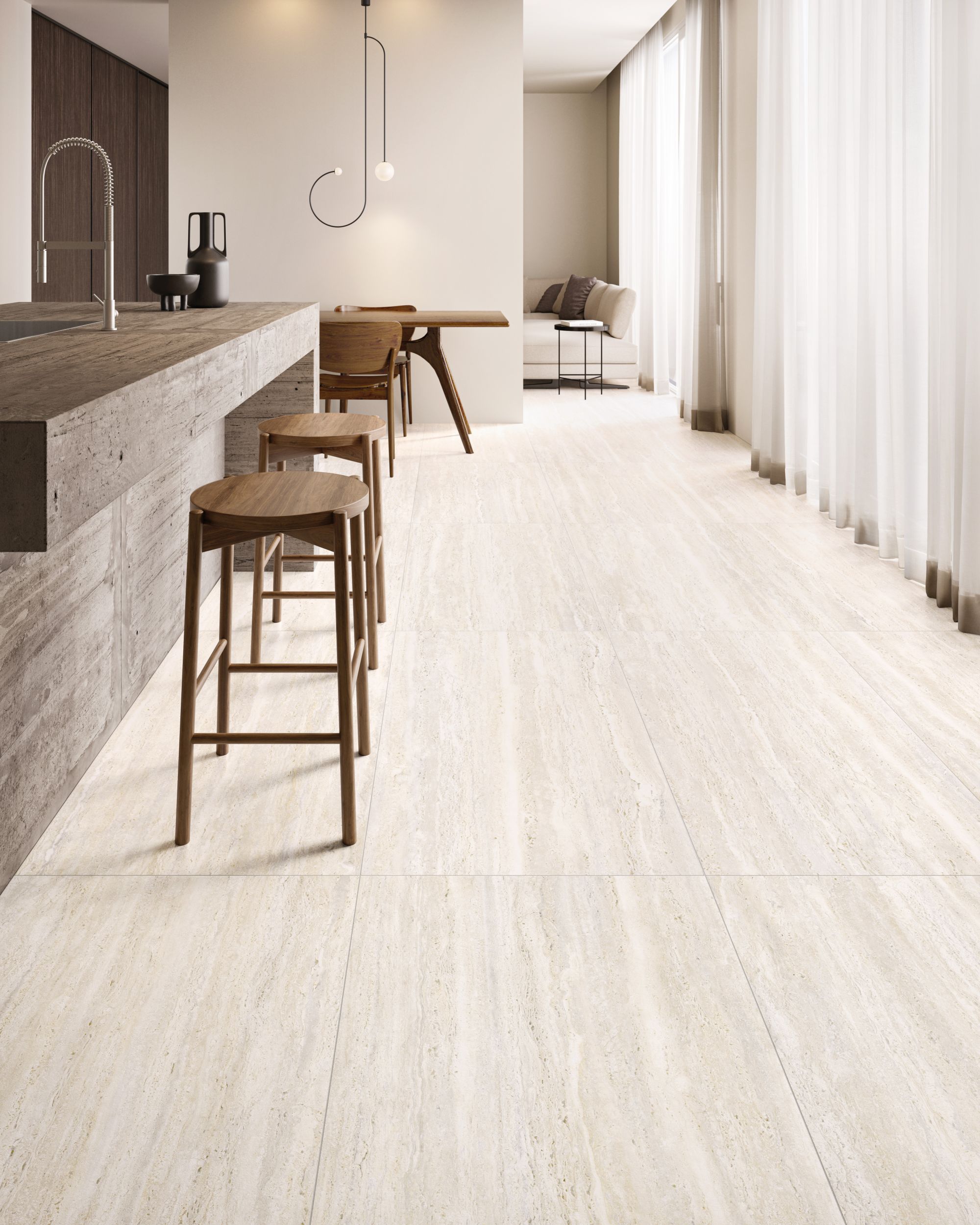 Porcelain Tile, Matte, Kitchen, Floor, Travertine, White Vein Cut, Aximer Stoneware, Dubai, UAE