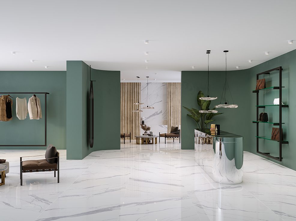 Porcelain Tile, Polished, Commercial, Floor, Statuario Extra Book Match, Aximer Stoneware, Dubai, UAE